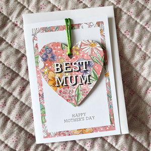 Best Mum Wooden Heart Decoration Card Pink Garden Floral
