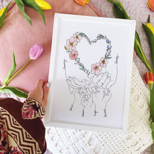 Custom Family Heart Flowers hand illustration ( with colour options )