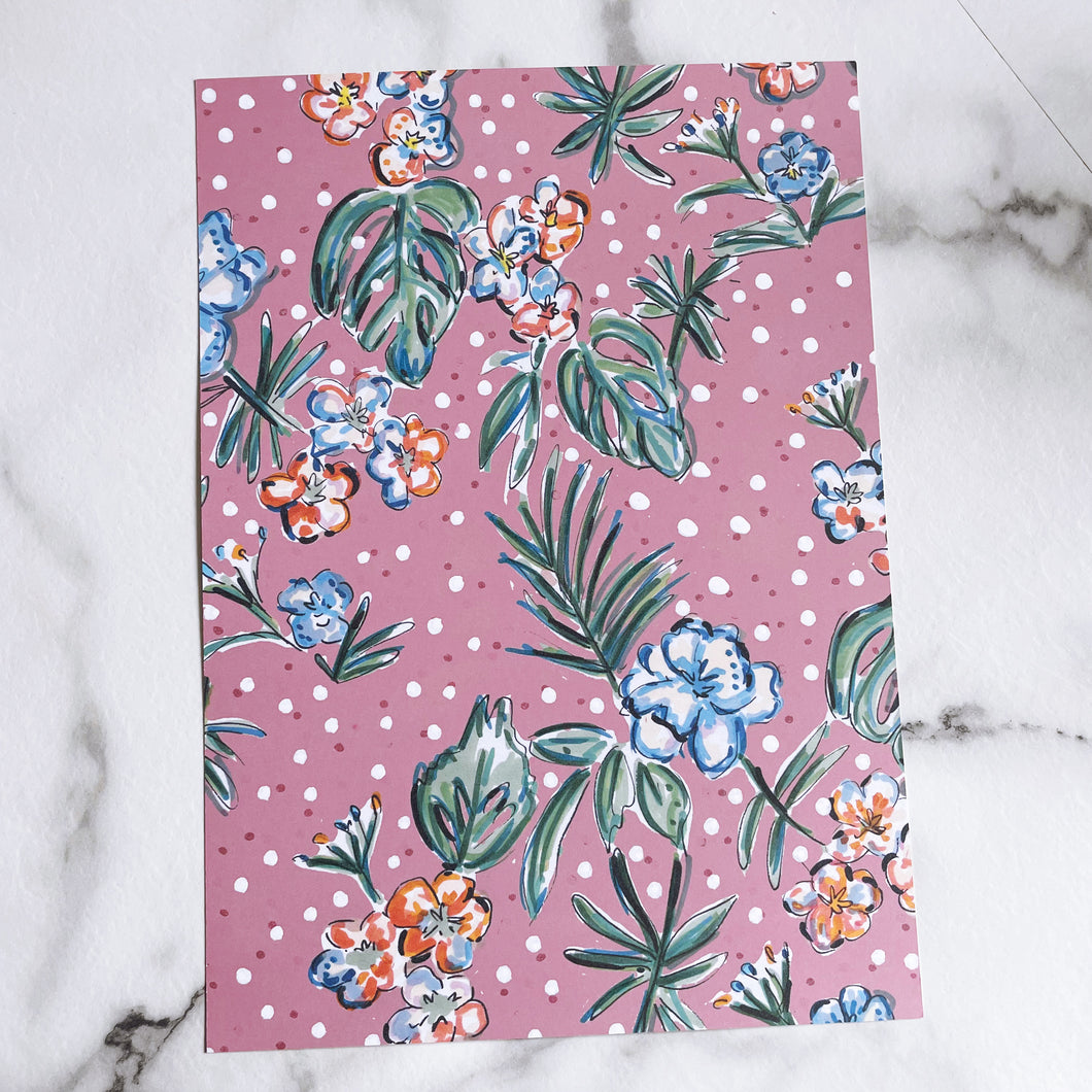 A4 Pink with Blue Floral all over print