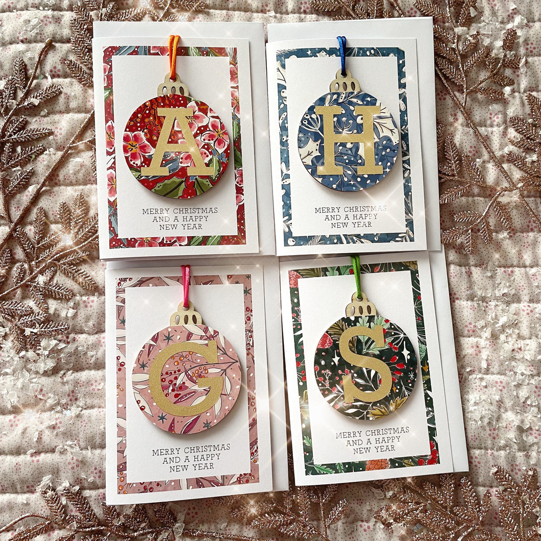 SET OF 4 Personalised Bauble Wooden Decoration Christmas Card