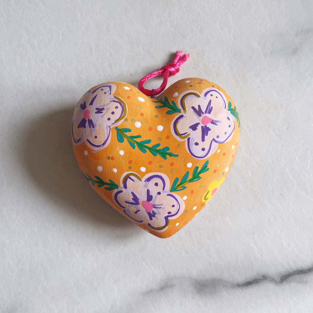 Orange Floral Heart ceramic Bauble