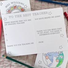 Personalised colouring in Teacher cards