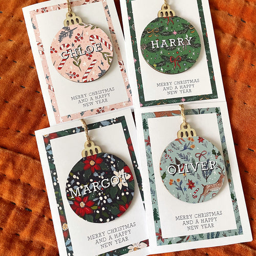 NEW Set of 4 Personalised Wooden Bauble Decoration Christmas Card