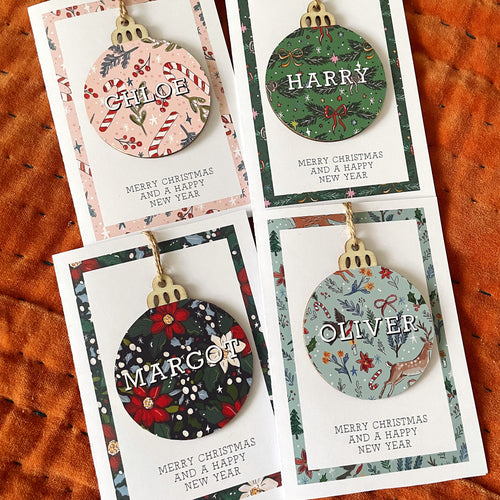 NEW Single Personalised Wooden Bauble Decoration Christmas Card