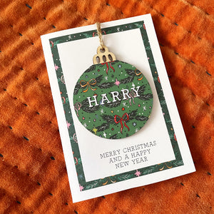 NEW  of 3 Personalised Wooden Bauble Decoration Christmas Card