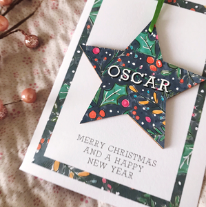 Single Personalised Star Wooden Decoration Christmas Card