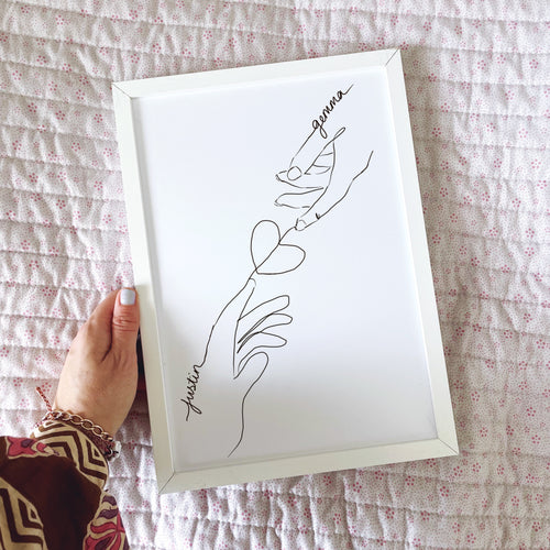 Couples hand with Heart Personalised Line Drawing Print