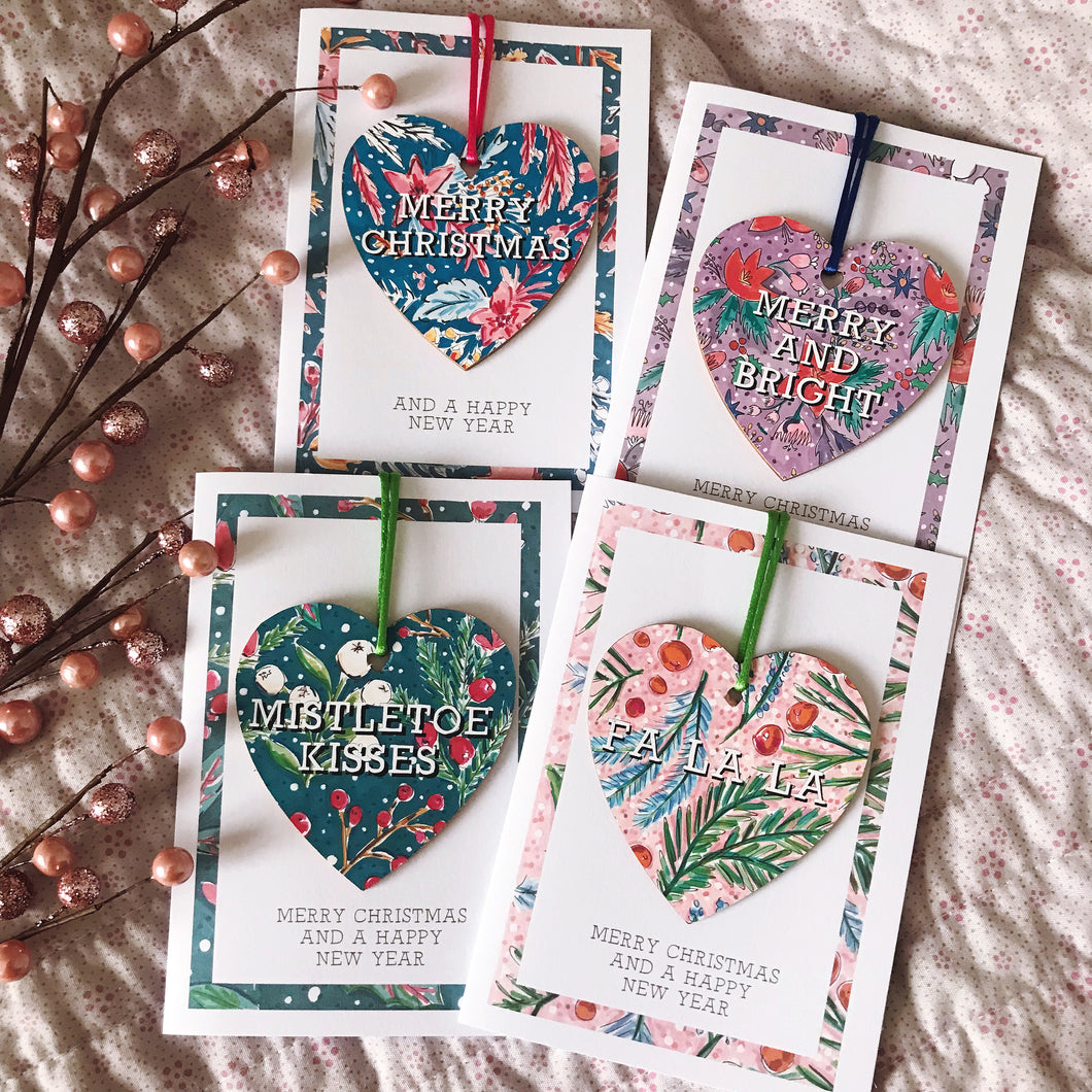 PACK OF 4 Christmas Wooden Heart Decoration Cards